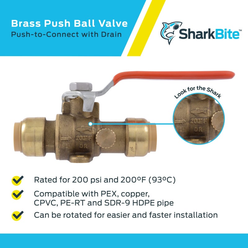 SharkBite 1/2 Inch Ball Valve With Drain Vent And Mounting Bracket, Push To Connect Brass Plumbing Fitting, PEX Pipe, Copper, CPVC, PE-RT, HDPE, 24615-0000LFA - Image 4